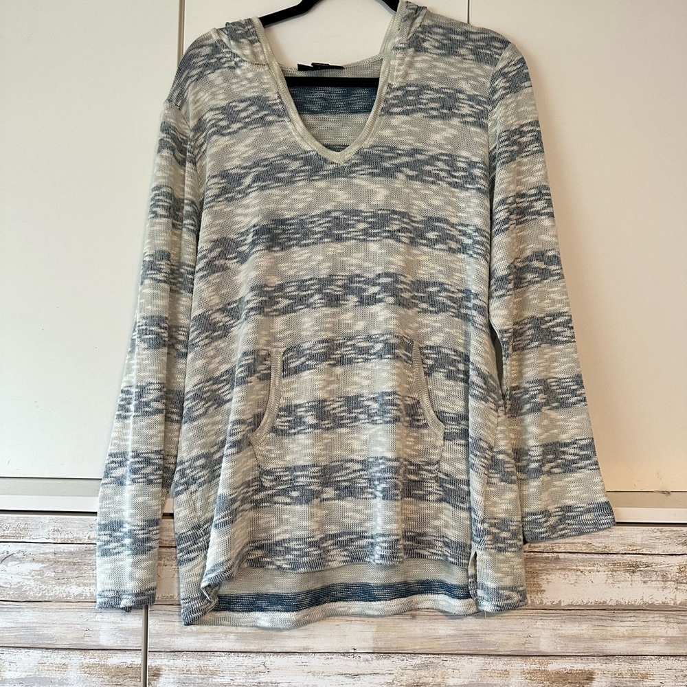 🧥 Style & Co Blue Beige Hooded Knit Tunic Sweater XL Kangaroo Pocket